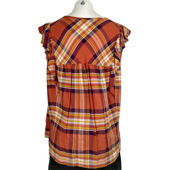 Time and Tru Womens XXL Orange and Yellow Plaid Ruffle Sleeveless Blouse - Picture 2 of 13